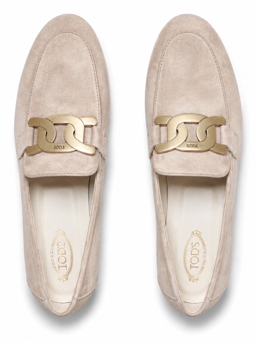 Tod's Beige Suede Loafers With Gold Chain Accent
